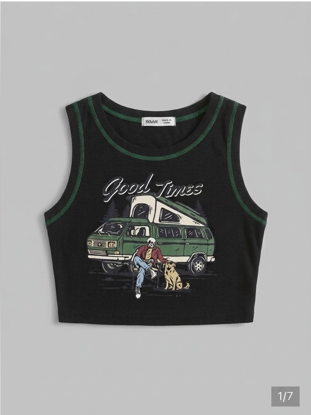 ROMWE Good Times Camper Van Graphic Crop Tank Top Women’s Small
Black Ribbed